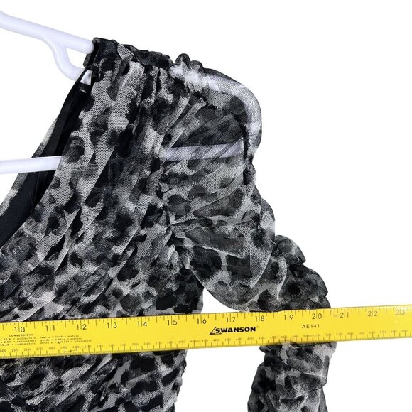 Tadashi Shoji Womens M Leopard Print Ruched Mesh Top V Neck 3/4 Sleeves Blouse - Picture 10 of 15